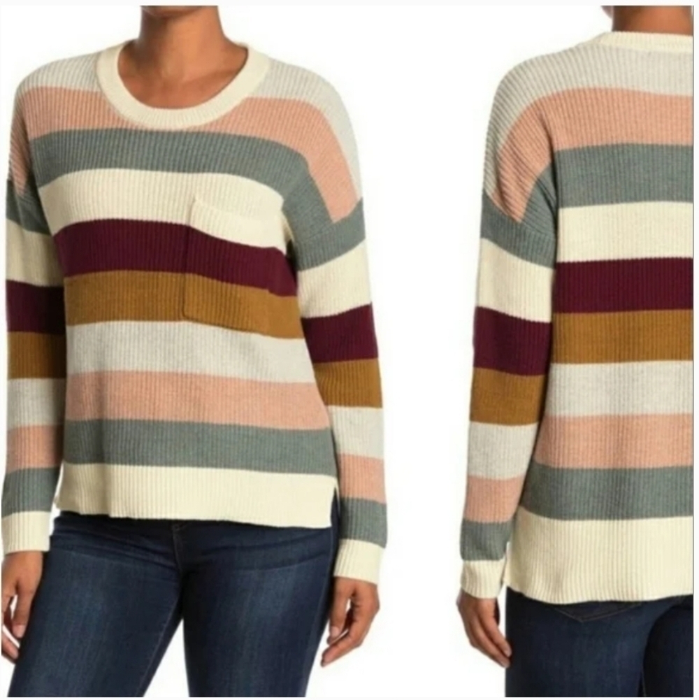 Madewell Thompson Colorblock Rainbow Striped Pocket Sweater Oversized Small - Picture 2 of 7